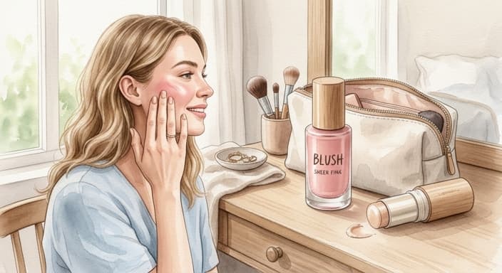 A simple dewy-cheek look with sheer liquid blush and a creamy highlighter stick.