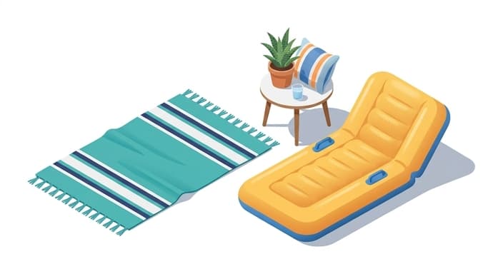 Outdoor lounging area featuring an inflatable lounge and a Turkish cotton towel for summer chill.