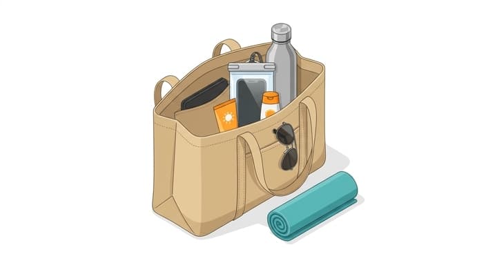 A neatly packed summer essentials tote with a water bottle, phone pouch, sunscreen, towel, and sunglasses.