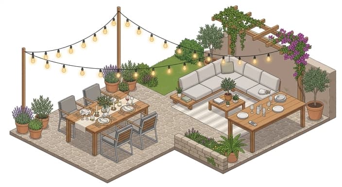 Smart-lit string lights create a candle-like glow over a dining table that flows into a cozy lounge area.