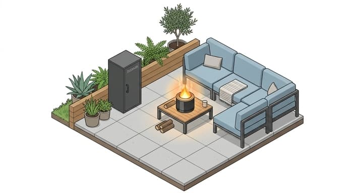 A small, portable fire pit with a nearby storage box demonstrates easy, compact storage for outdoor gatherings.