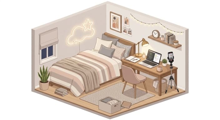 A cozy teen bedroom setup featuring a study area, filming-ready desk, and a glowing abstract neon sign.