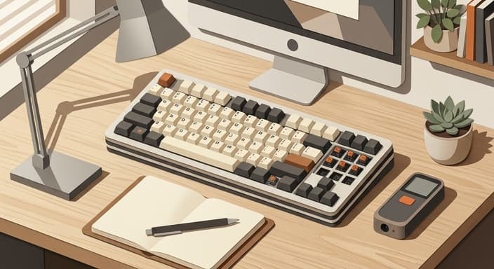 A heavy mechanical keyboard and a pocket laser distance measurer on a tidy desk.