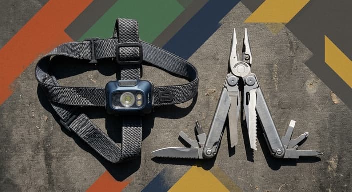 Headlamp and titanium-style multi-tool ready for daily carry.
