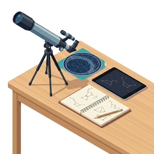 Telescope, planisphere, and star-map tablet ready for stargazing.