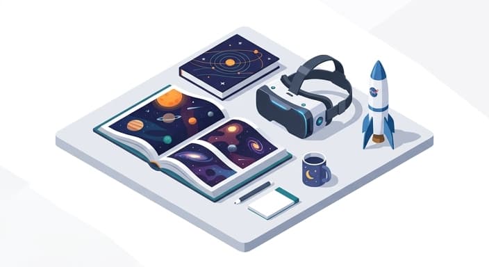 Open space book with a VR headset and model rocket to suggest immersive, mission-ready experiences.