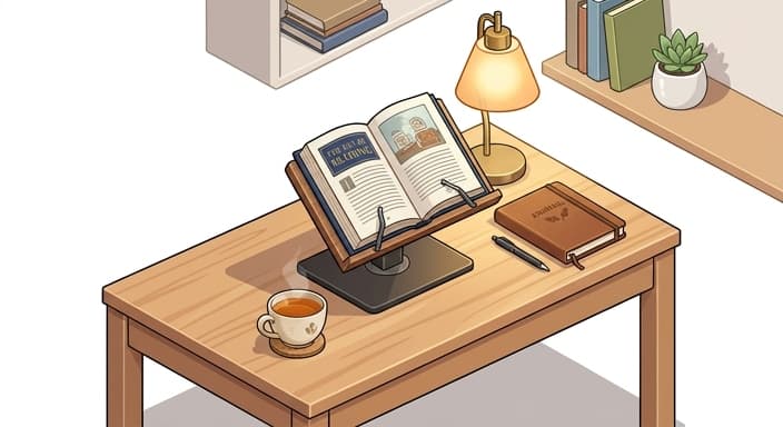 Cozy reading setup featuring a book on a stand, a cup of tea, and warm lighting.