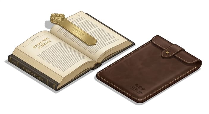 Heritage-quality bookmarks and a leather book sleeve as lasting, gift-worthy book accessories.
