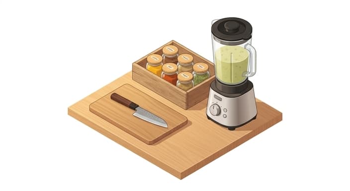 A clean countertop scene featuring a Japanese santoku knife, artisanal spice kit, and boutique blender.