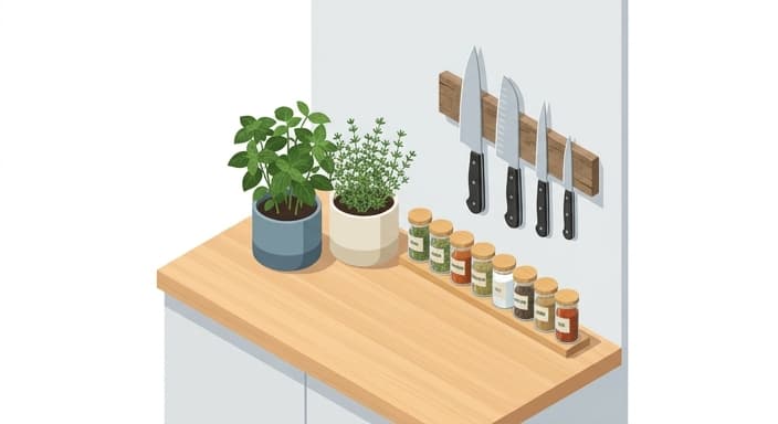 A small-batch ready counter setup with an herb garden and knife storage for organized cooking.