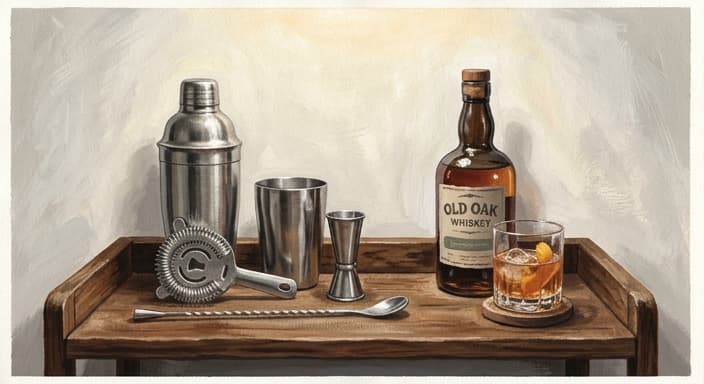 Stainless steel cocktail set on a wooden bar cart ready for a summer toast.