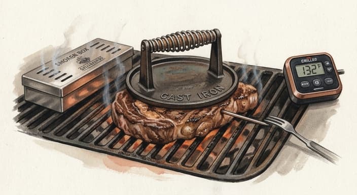 Cast-iron grill press, smoker box, and Bluetooth thermometer prepared for summer BBQ.
