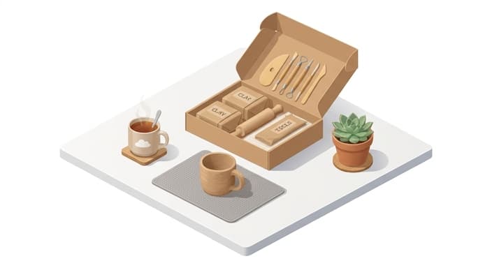 A cozy at-home pottery kit setup ready for a relaxing creative session.