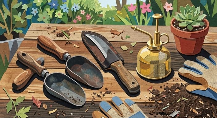 Tools for tending a garden, laid out as a practical gift-ready display.