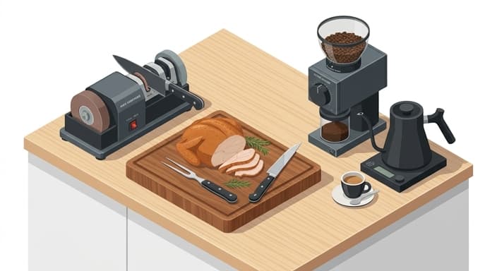 Premium kitchen tools ready for carving and a precise cup of coffee.