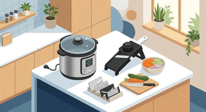 Frictionless, versatile prep station built around a multi-cooker and a mandoline slicer.