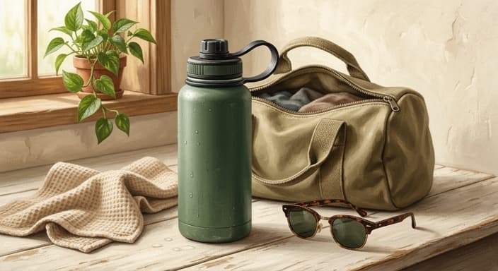 A matte insulated water bottle with a hidden straw sits beside a simple gym bag and a pair of dark-lensed sunglasses on a sunlit surface.