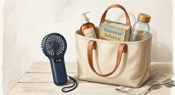A sturdy canvas tote holds sunscreen, a book, and a cold drink, with a compact handheld fan nearby for summer relief.