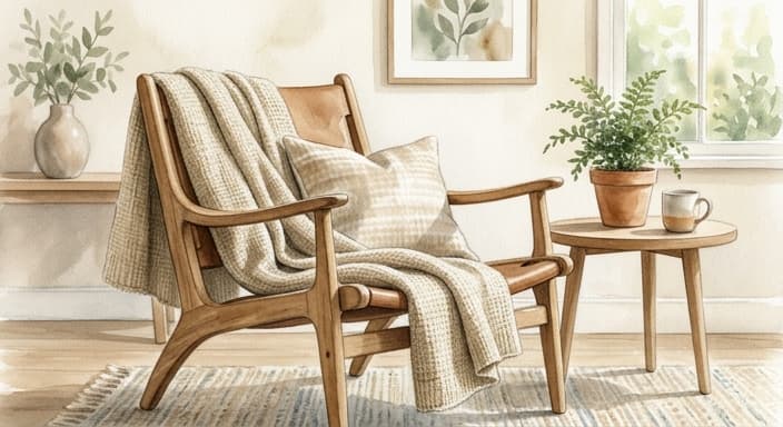 A heavy linen throw blanket casually draped over a wooden chair bathed in summer light.