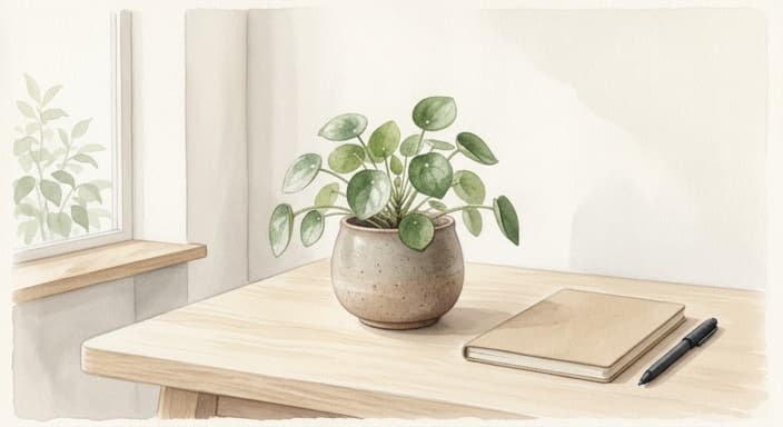 A small stoneware plant pot serves as a minimalist desk accent.