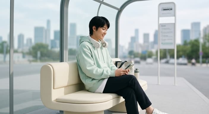 A commuter stays cool on a humid city day with a rechargeable neck fan around their neck.