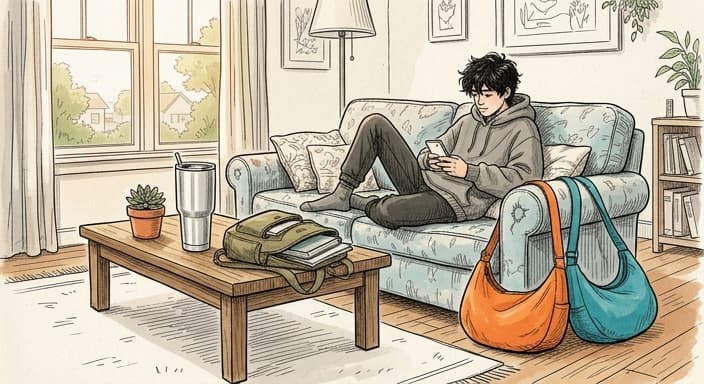 A teen lounges on a sofa with a bulky insulated tumbler nearby and two bright crescent bags.