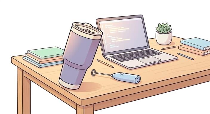 A top-heavy insulated tumbler teeters near a laptop on a teen desk, with a small frother within reach.
