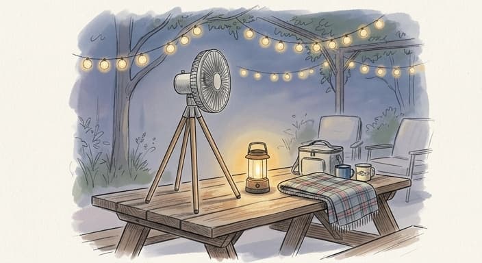 A sleek tripod-style portable fan and a warm-glow lantern illuminate a cozy outdoor setup.