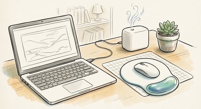 A compact USB desk humidifier and a cooling-gel mouse pad sit on a neat cubicle desk.