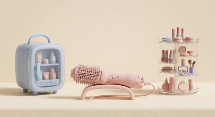 A pastel two-in-one hair styling tool rests center on a cream vanity beside a clear rotating makeup tower and a pastel magnetic skincare fridge organizer.