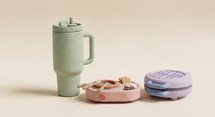 A large insulated water tumbler sits beside a compact indoor s'mores maker and a mini waffle iron on a soft cream surface.