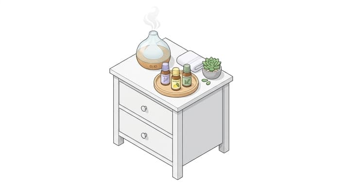 A wellness kit on a nightstand with a diffuser and essential oils.