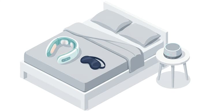 A bedside setup featuring a heated neck massager, a silk sleep mask, and a small sound machine.