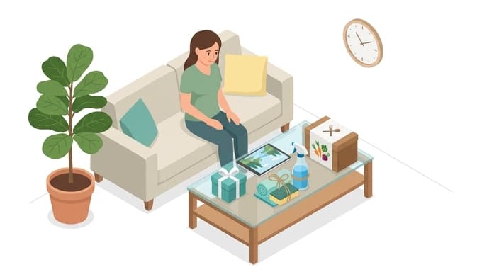 A living room scene illustrating time-saving wellness gifts arranged on a coffee table.