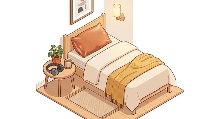 A calm bedroom vignette showcasing silk pillowcase comfort and quiet-time headphones.