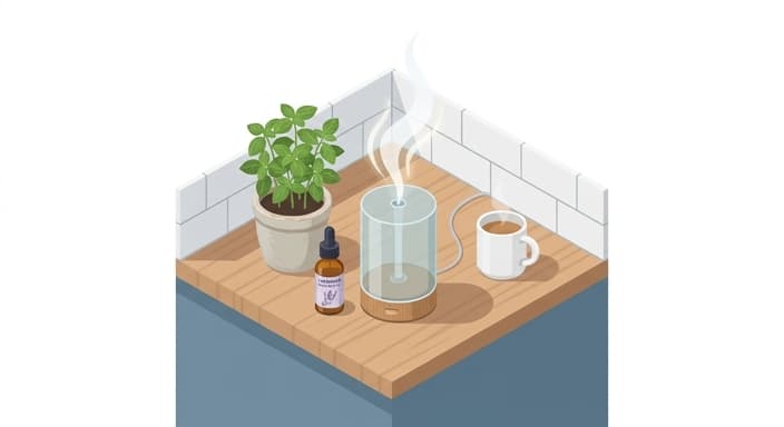 A calm five-minute mindfulness setup on the kitchen counter with an aroma diffuser and essential oil.