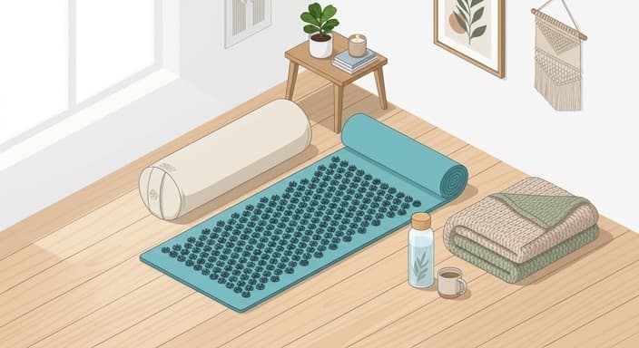 A yoga bolster and acupressure mat ready for a ten-minute calming routine.