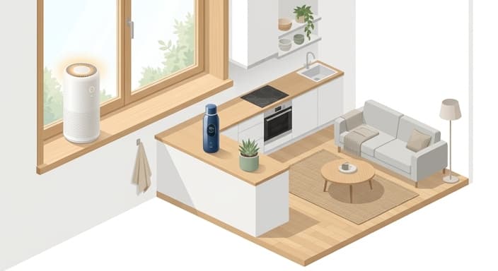 A calm, tech-enabled wellness setup in a busy home featuring an air purifier and a smart water bottle.