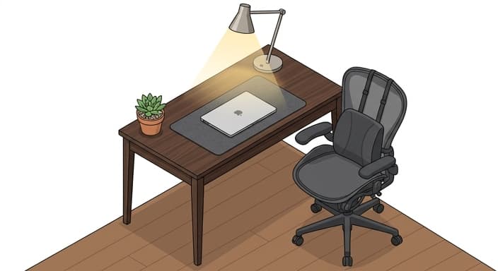 A premium, clutter-free workstation featuring a memory-foam lumbar cushion and a light-blocking task lamp.