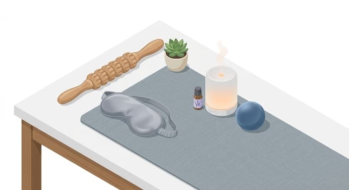 A calm desk setup that invites mindful switching with tactile recovery tools within reach.