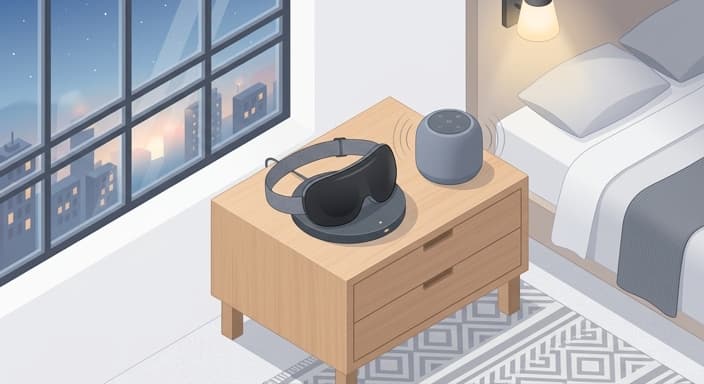 A sleek sleep mask sits on its charging dock beside a compact speaker on a minimalist bedside table, as city lights glow outside.