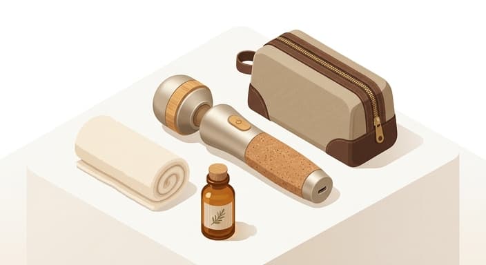 A premium handheld massager with natural materials sits in a carry-on kit, ready for on-the-go recovery.