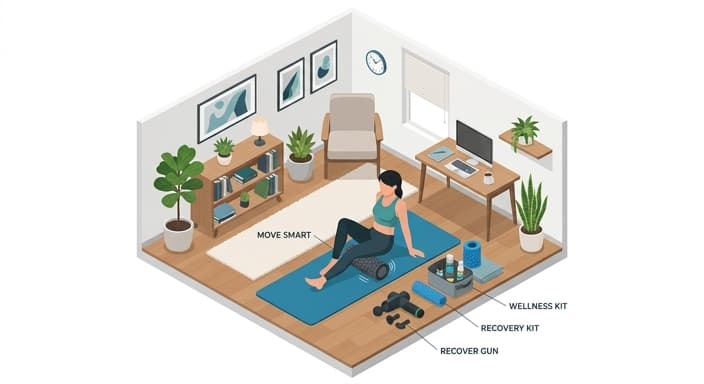 A calm home recovery setup with a vibrational smart foam roller and a compact massage kit.