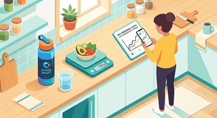 A kitchen scene where hydration tracking and smart scales turn everyday eating into data-driven wellness.