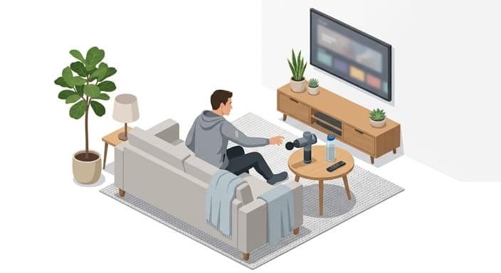 A portable handheld massage gun sits within reach during game-night wind-down.