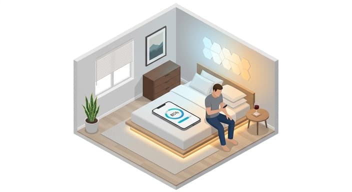 A man checks his recovery score on a phone as smart lights fade from cool to warm by his bedside.