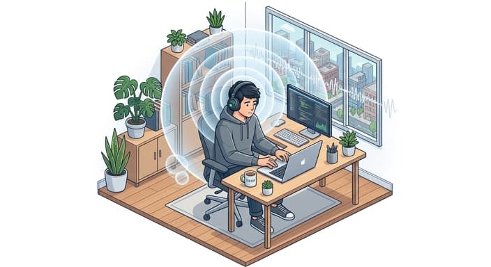 A person wearing headphones sits at a desk, surrounded by a soft sound bubble that represents white-noise masking in a busy environment.