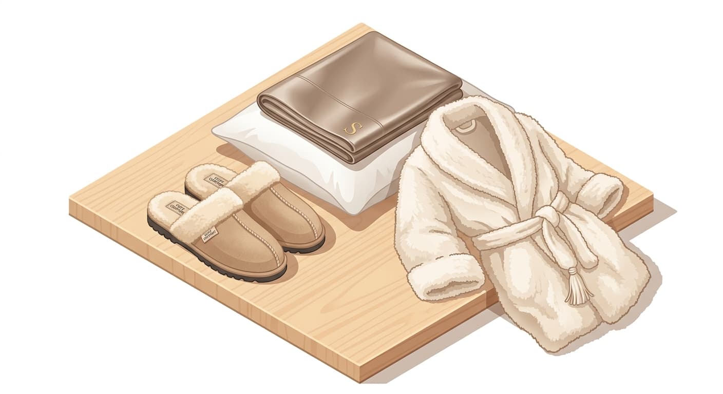 A cozy display of luxury textiles including shearling slippers and a silk pillowcase.