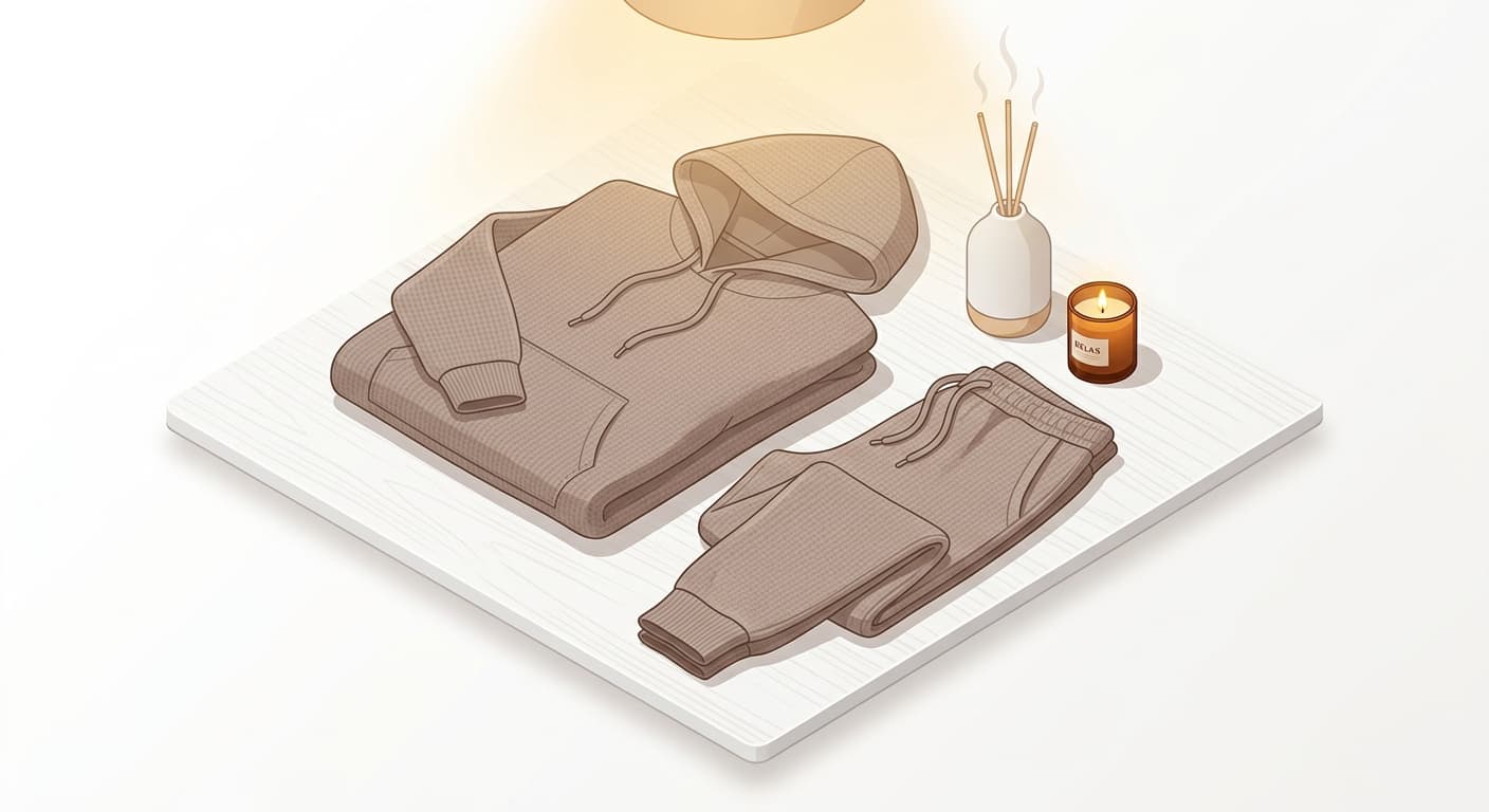 A matching waffle-knit lounge set paired with a scent diffuser for a cozy night-in look.