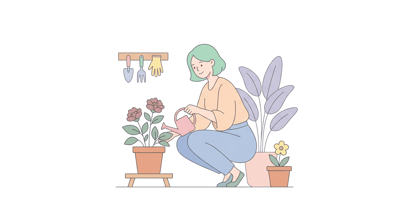 Illustration of a cozy living room with mixed patterns, a vintage record player, and many indoor plants